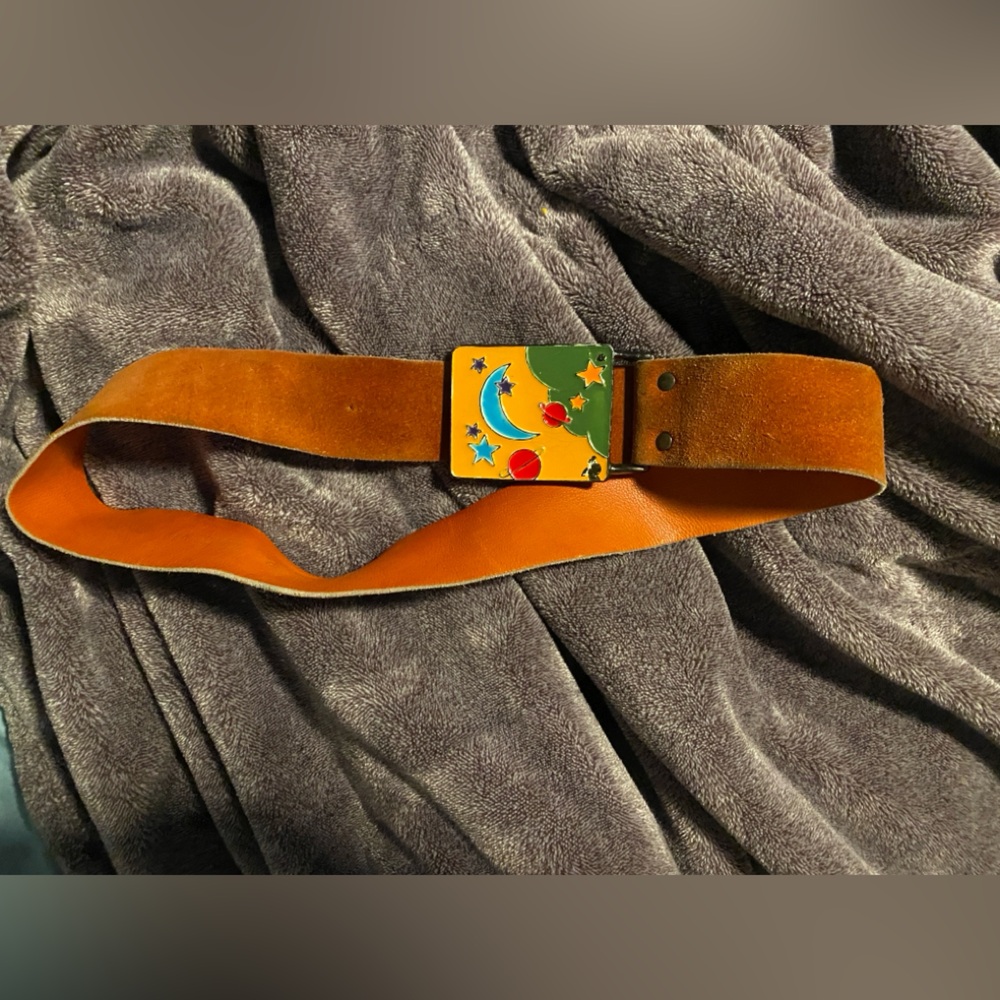 Vintage Off the Hip Brand Burnt Orange Rust Suede Belt Enamel Celestial Buckle L